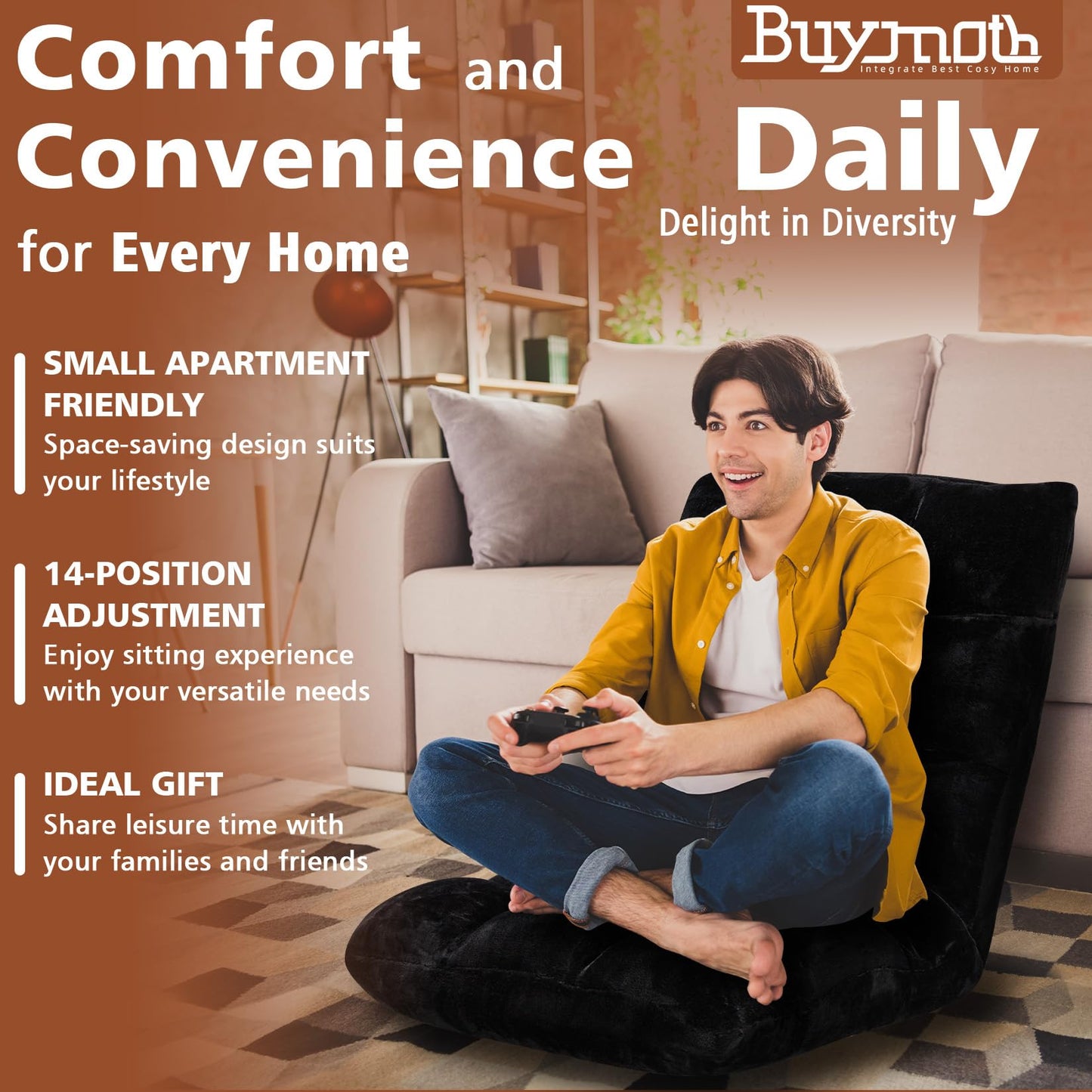 Buymoth Floor Chair 14 Adjustable Positions w/Back Support, Padded Lazy Sofa w/Breathable Cotton & Skin-Friendly Coral Velve for Reading Meditating Gaming,Black