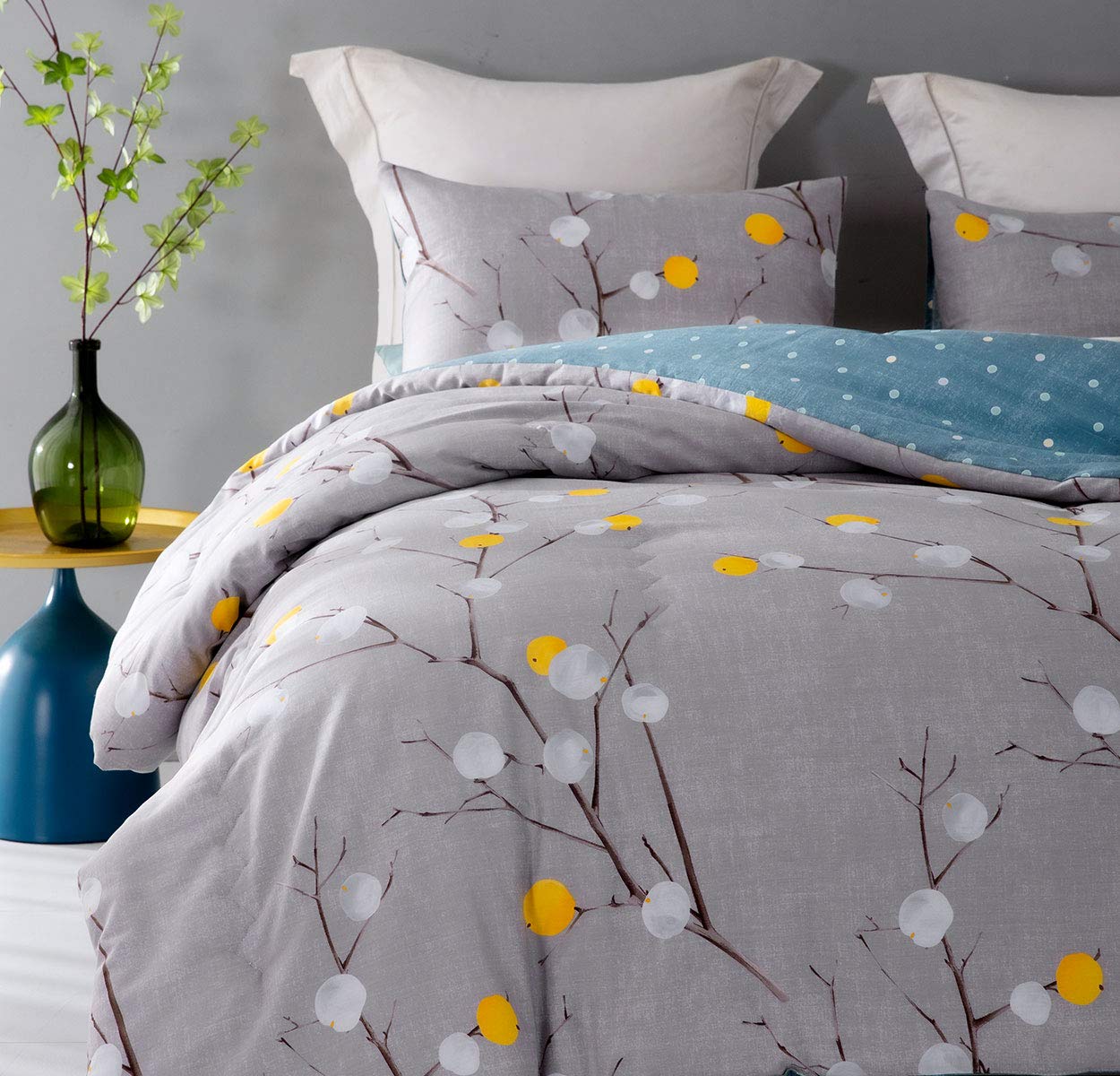 SLEEPBELLA Comforter Queen Size, 600 Thread Count Cotton Grey Branch with Yellow Turquoise Polka Dot Pattern Green Reversible Comforter Set,Down Alternative Bedding Set 3Pcs (Queen, Grey Branch)