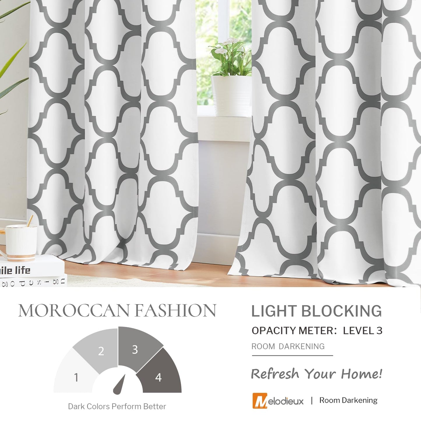 Melodieux Moroccan Printed Room Darkening Blackout Grommet Curtains for Bedroom Small Windows, 42 by 45 Inch, Off White/Grey (2 Panels)