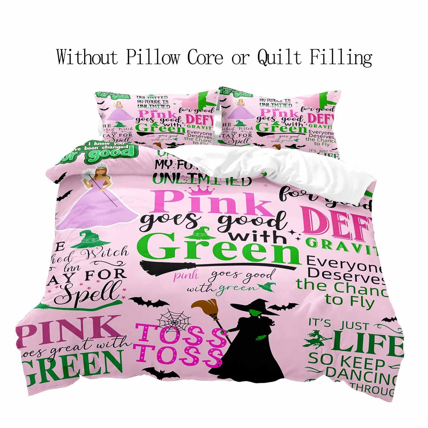 LUVIVIHOME 3PCS Wicked Witch Duvet Cover Queen Bedding Sets, Kids Teens Girls Bedding, Halloween Magic Witch Hat Broom Bat Green and Light Pink Comforter Cover, Witchy Gifts for Women, 2 Pillow Cases