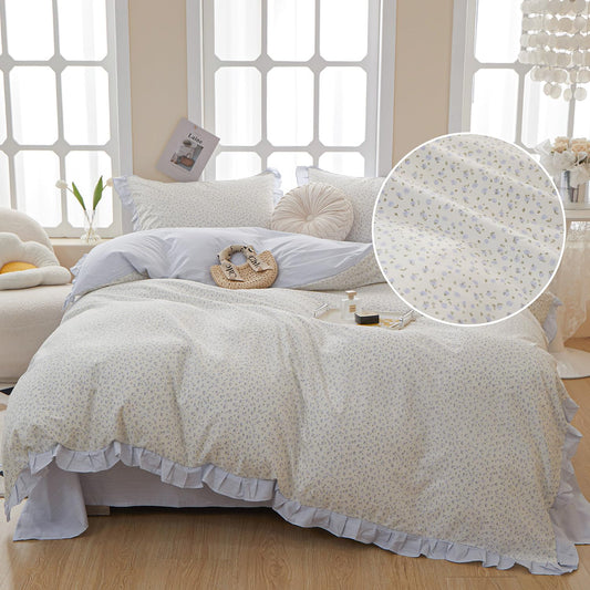 LifeTB Blue Floral Comforter Set Queen Romantic Ruffle Comforter Set Coquette Bedding Comforter for Girls Women Comfy Fluffy Boho Cottagecore Bedding Blue Flowers Comforter Set with 2 Pillowcases