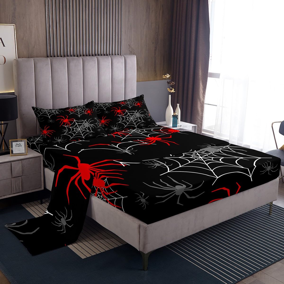 Feelyou Red Black White Cobweb Sheet Set Full Size, Scary Halloween Decorations Bed Sheets Set Scary Spider Sheets with Deep Pocket Fitted Sheet Kids Toddler Red Black Gray Animal Bedding Set 4Pcs