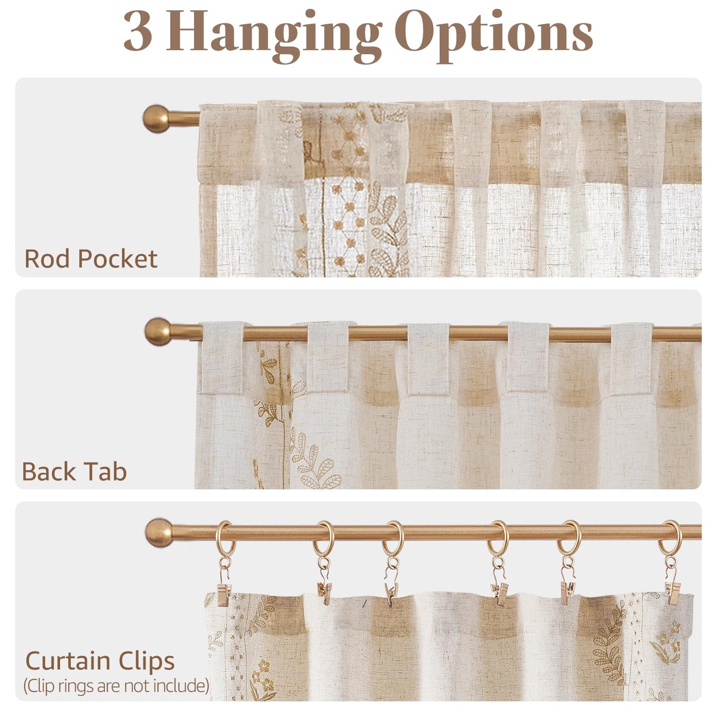 jinchan Belrose Linen Floral Kitchen Curtains 24 inch Length Embroidered Farmhouse Cafe Curtains for Living Room Bathroom Small Windows Curtain Set Sheer Light Filtering 2 Panels Beige