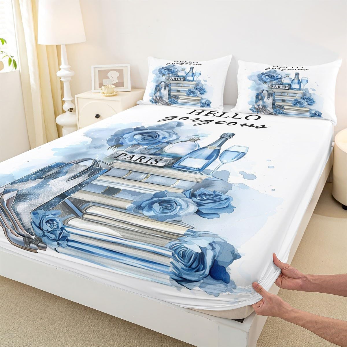 Erosebridal Girly Blue Bed Sheets King Size Silver Fashion Sheets Women Girls Teal Flower Perfume Sheet Set High Heels Champagne Magazine Books Floral Bedding Set Paris Romantic Decor