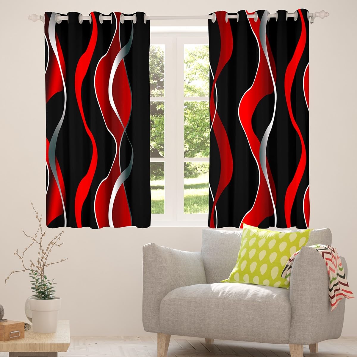 Feelyou Red Grey Black Stripe Darkening Drapes Retro Stripe Swirl Blackout Curtain Boys Geometric Pastel Gradient Stripes Window Curtains Swirl Lines Window Treatments, 2 Panels 38 x 45 Inch