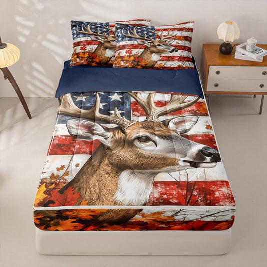 Feelyou Cute Deer Zipper Bedding Twin American Flag Zipper Bedding Sets for Kids Boys Girls Antlers Comforter Set with Fitted Sheet and 2 Pillowcases Bedroom Decor