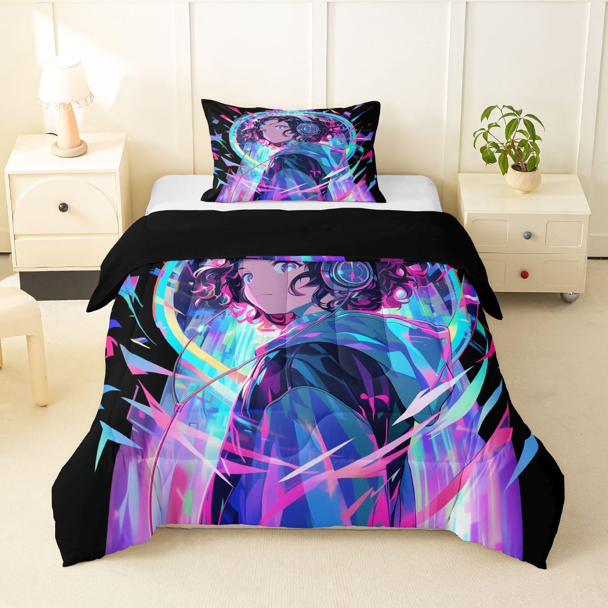 Erosebridal 3D Anime Girl Bedding Comforter Sets American Street Culture Comforter Set Twin for Teens Youth Girls Watercolor Graffiti Style Bedding Galaxy Stars Print Duvet Set with 1 Pillow Case