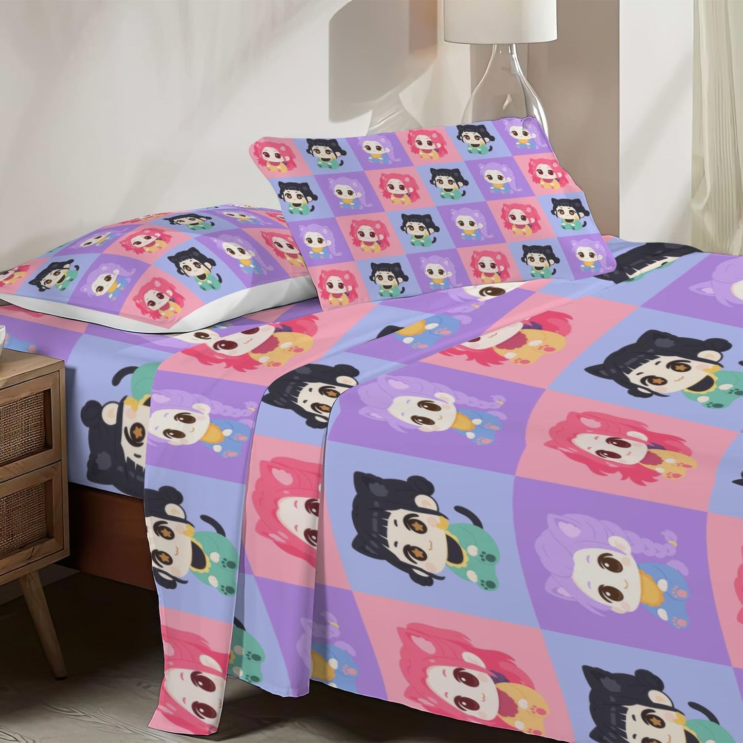 Allenjoy Cute Seamless Purple Korean Hunter Sheets Set with Fitted Sheet, Flat Sheet and 2 Pillowcases for Girls Teens Bedding Bedroom Nursery Room Decor, Machine Washable Durable Full Size