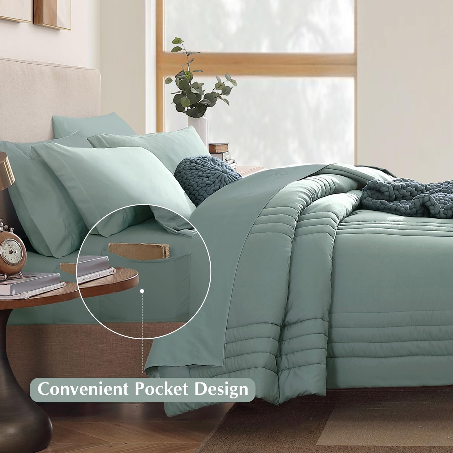 Monbix Queen Comforter Set - 7 Pieces Sage Green Bed in a Bag Queen Bedding Sets with Comforters, All Seasons Comforter Bed Set with Sheets,Pillowcases & Shams