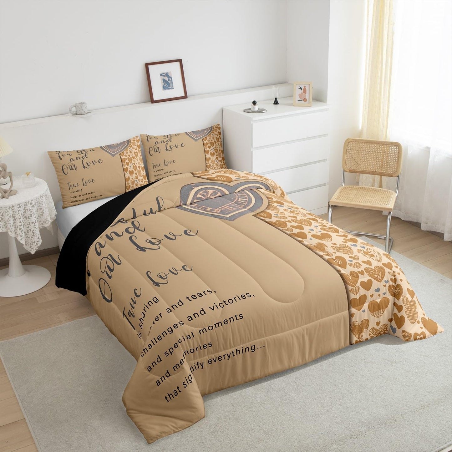 Erosebridal Gray Motto Bedding Queen,Romantic Valentine Gifts Comforter Set for Couple Lover,Love Hearts Down Comforter