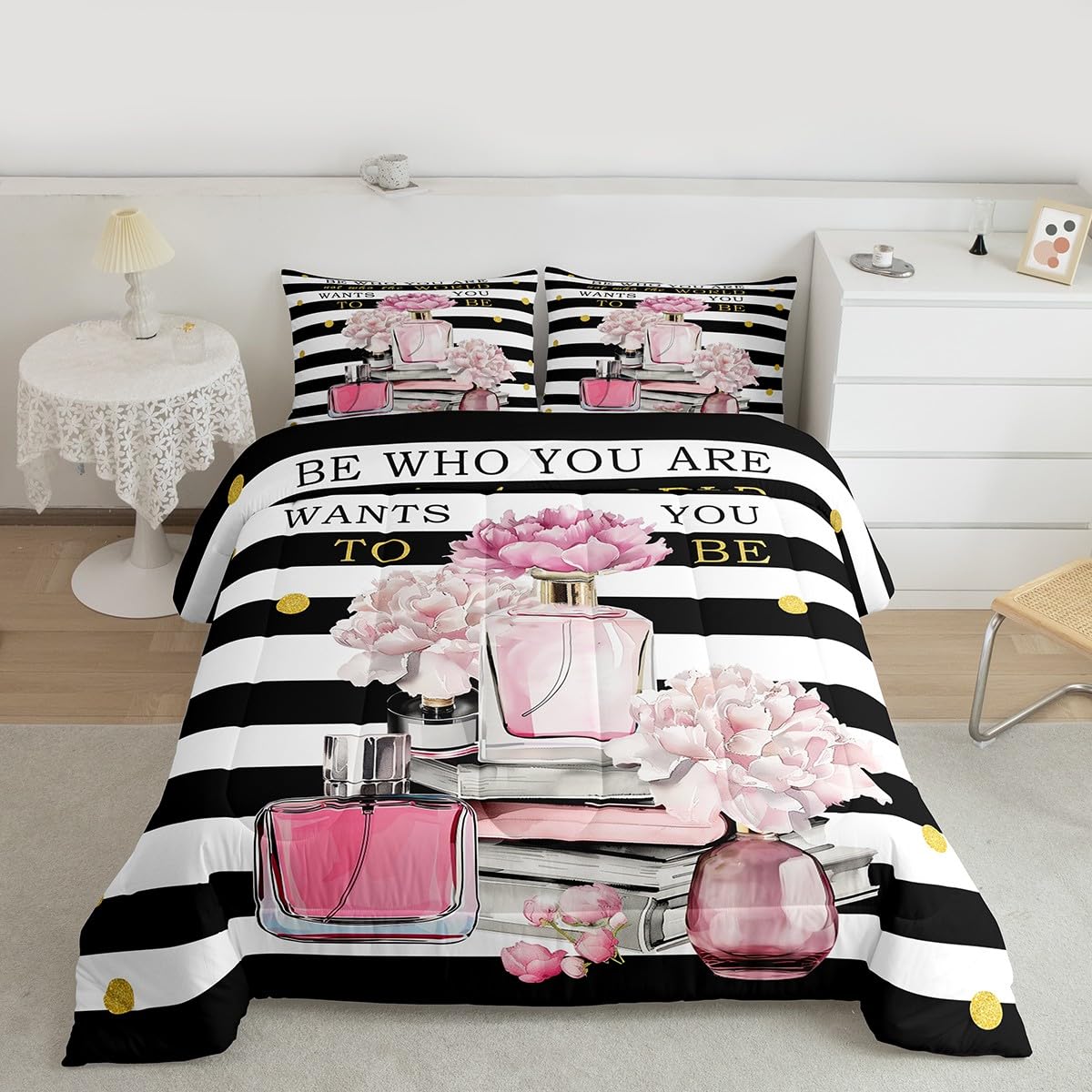 Erosebridal Pink King Bedding Set for Girls Kids Teens Girly Boho Fashion Preppy Cute Comforter Geometric Modern Black and White Stripe Duvet Insert Women Perfume and Book Coquette Bow Quilt