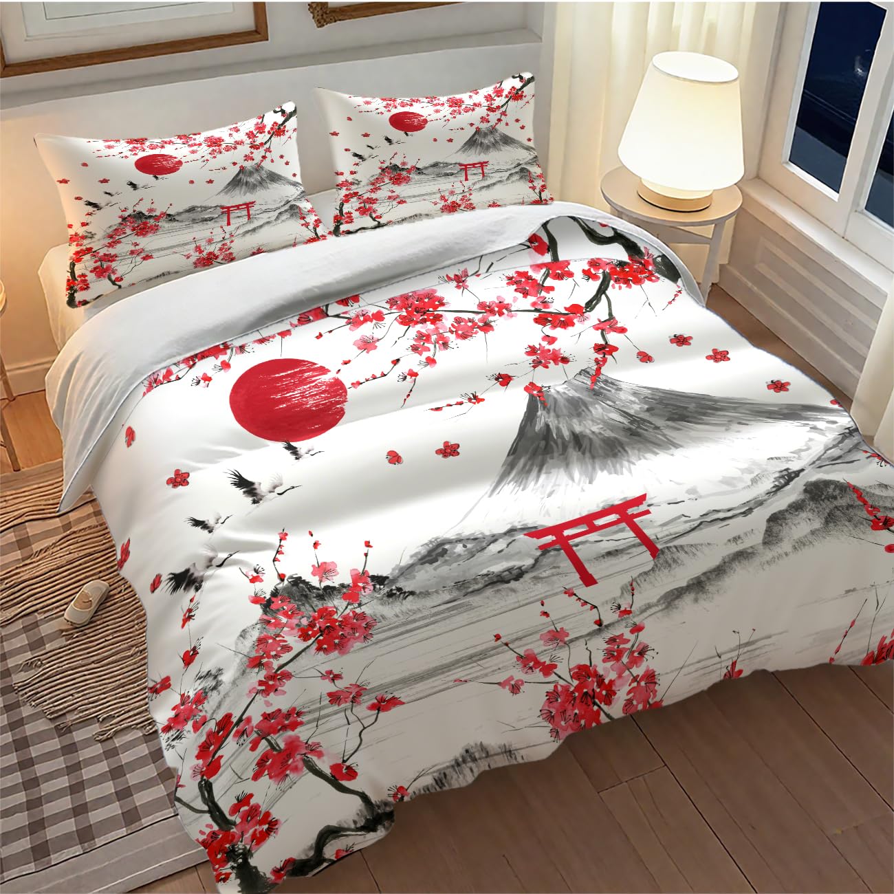 Lnepty Japanese Bedding Set,Retro Orient Traditional Ink Painting Black Cat Red Cherry Blossom Floral Natural Landscape Asian Comforter Set with Pillowcase for Bedroom Bed Decor,Twin 86"x70"