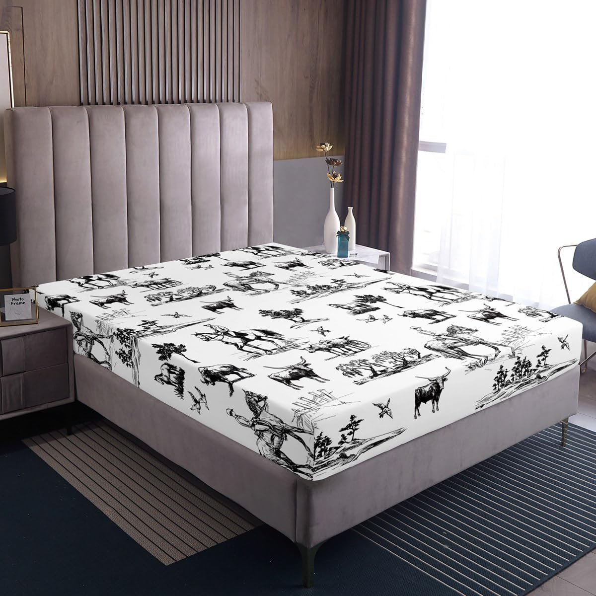 Western Sheet Set Twin Size Sketch Cowboy Cow and Horse Bedding Set 3Pcs Farm Animal Bed Sheet for Kids Boys Girls Adult Room Decor Black White Rustic Farmhouse Fitted + Flat Sheet,1 Pillowcase