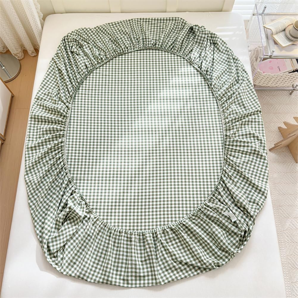 LifeTB Green Gingham Fitted Sheet Queen 1 Piece Plaid Bedding Sheet Soft 100% Washed Cotton Grid Single Bottom Sheet Green Gingham Bed Sheet Cotton Mattress Cover 15" Deep Pocket Farmhouse Grid Sheet