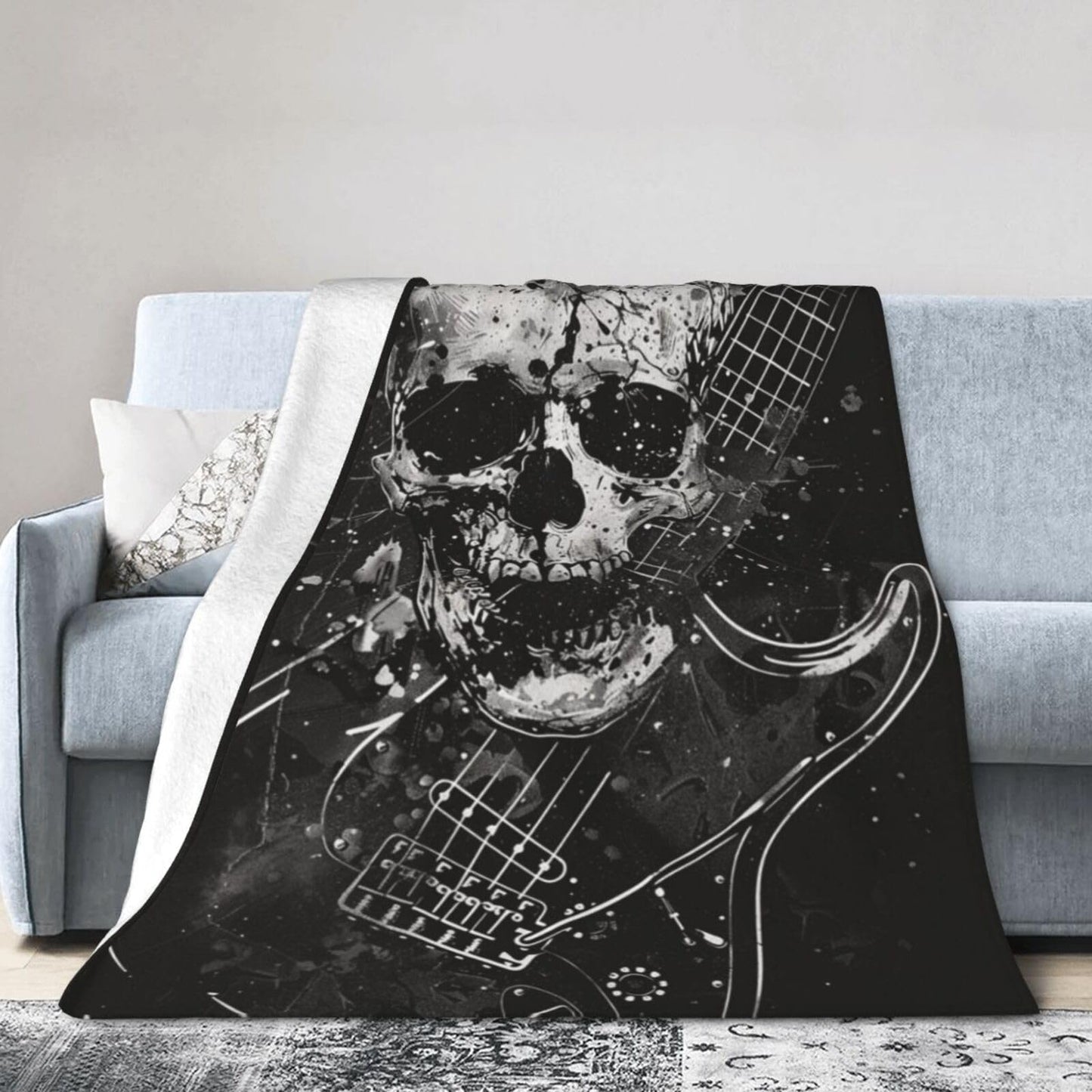 Qycazzw Rock Skull Guitar Blanket Gifts for Women Girls Kids, Gothic Heavy Metal Music Throw Blankets, Soft Cozy Flannel Throws for Sofa Couch Bedroom Decor 50x60in