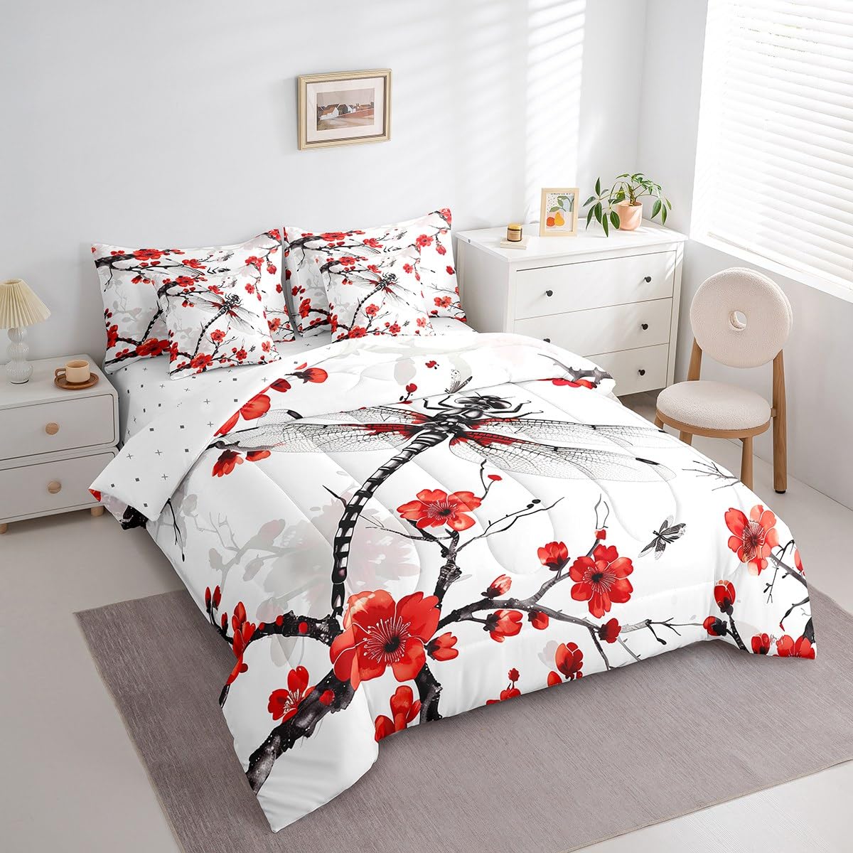 Erosebridal Red Floral Flower Comforter Set Queen,Hippie Dragonfly Bedding Set 7Pcs for Kids Boys Girls,Spring Cherry Blossom Bed in a Bag
