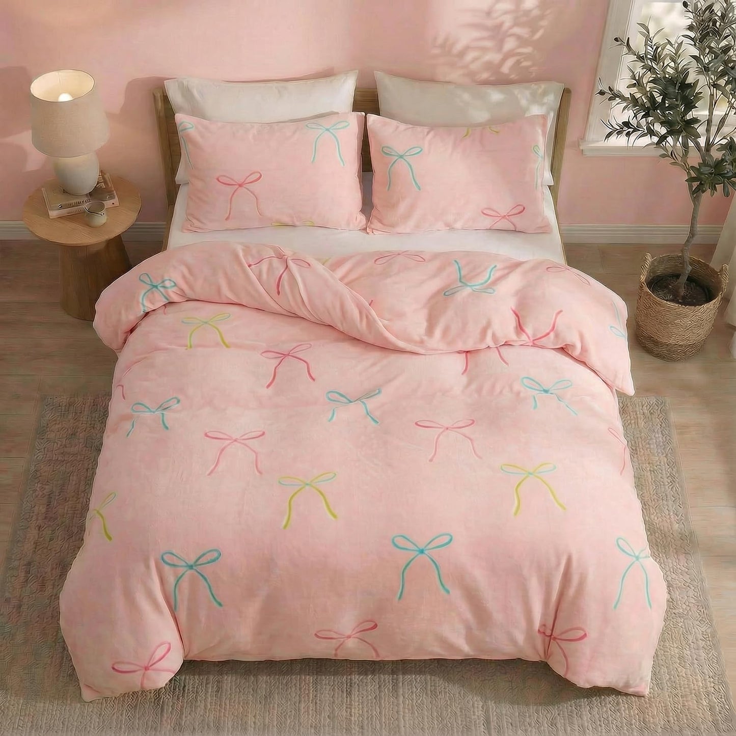 Bedbay Pink Bow Comforter Set King Size Warm Fluffy Fleece Bedding Set Cute Bowknot Teen Girls Ultra Soft Plush Velvet Comforter King Bed Set Sweet Bow Tie Dreamy Princess Style Bedding 3 Pcs
