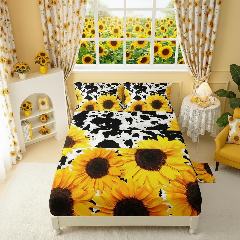 QOOMO Sunflower Sheets Queen Size Cow Print Bedding for Boys and Girls Animal Super Soft Kids Bedding Set Breathable Room Decoration 1 Fitted Sheet, 1 Flat Sheet, 2 Pillow Cases