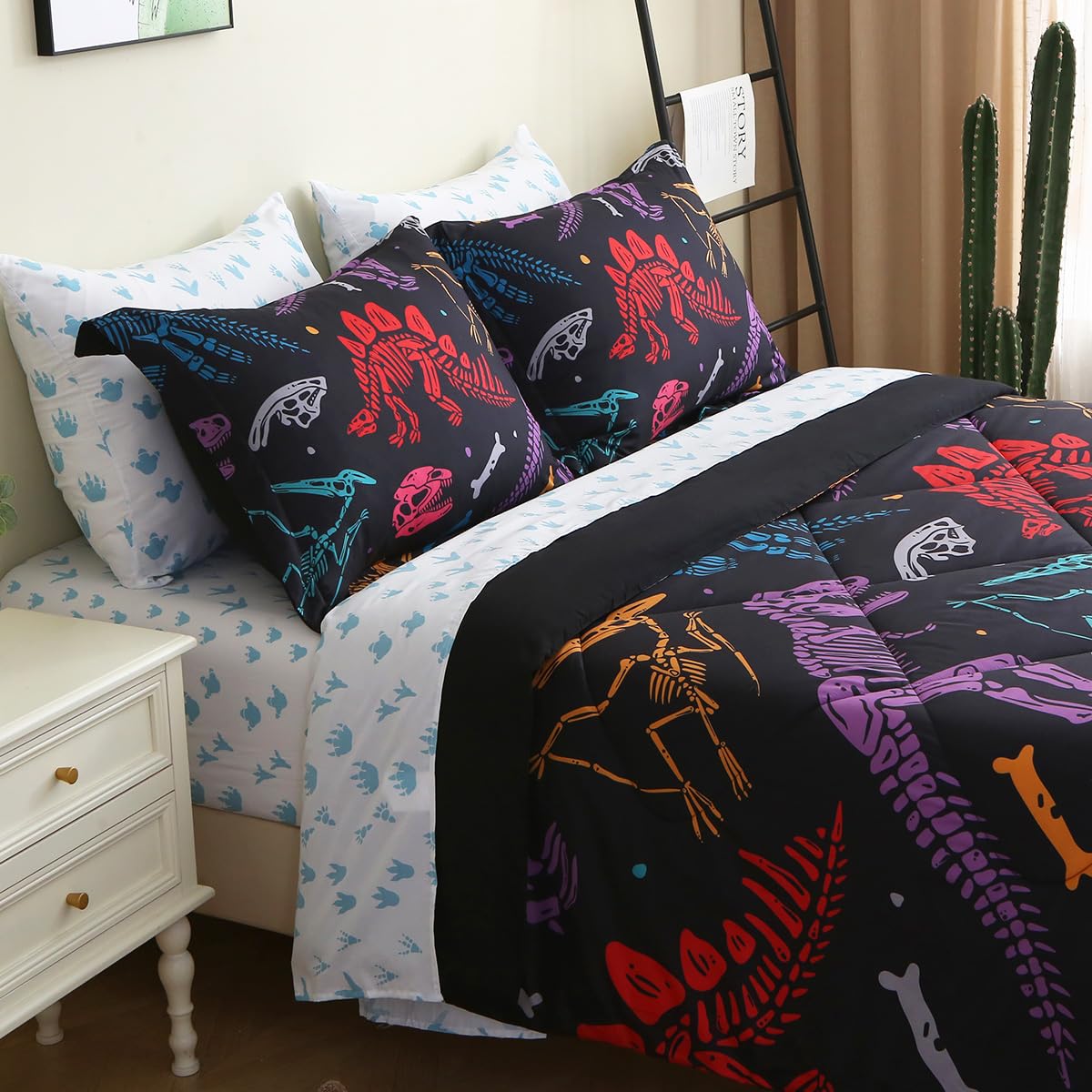 Jameswish 7 Piece Boys Dinosaur Comforter Set Twin Size 3D Black Dinosaur Skeleton Bedding Set for Toddler Kids Teens Christmas Birthday Gift