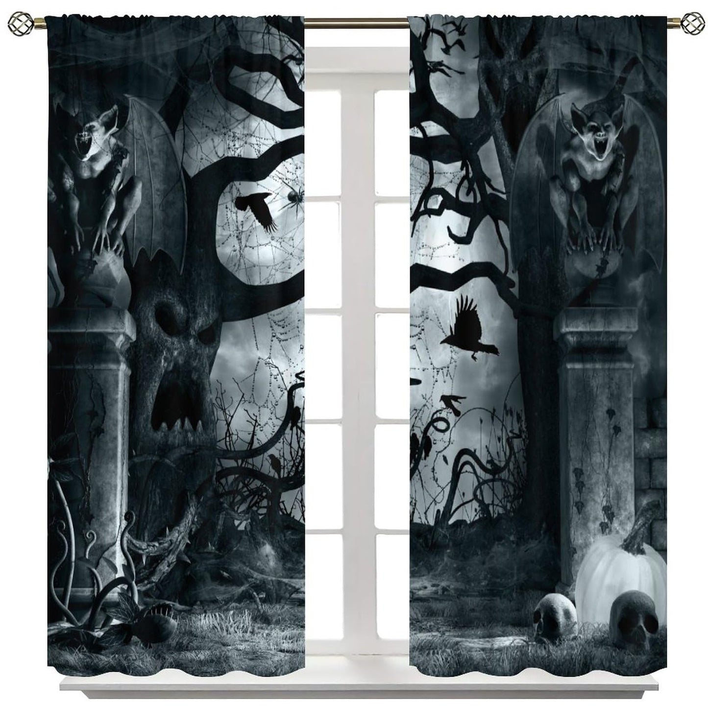 Gothic Curtains,Terror Themed Demon Skeleton Crow Dark Forest Window Treatments for Bedroom Living Room Kitchen Horror Halloween Window Drapes 2 Panel Set,Total Size 42 x 45 Inch