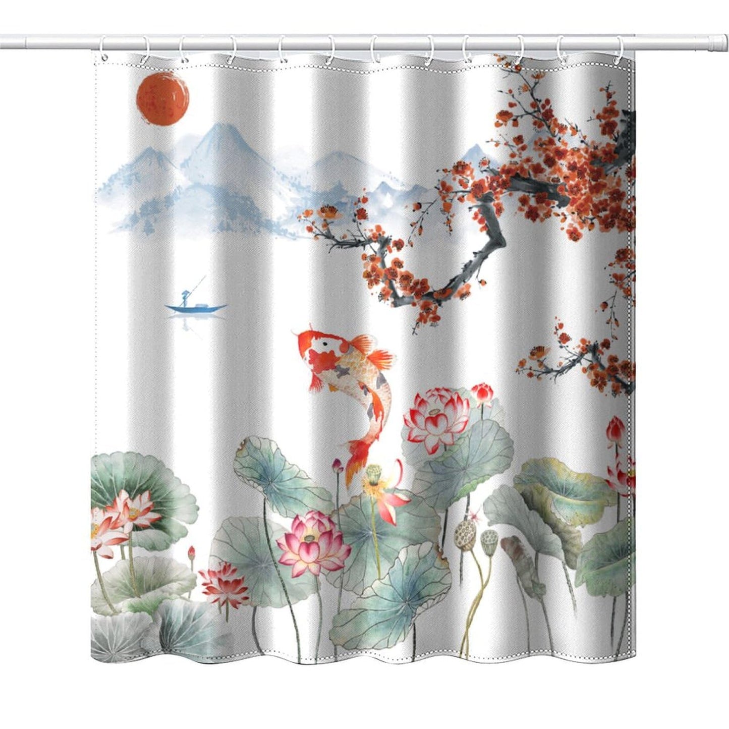 DDCBNS Japanese Koi Fish Shower Curtain,Spring Nature Landscape Cherry Blossoms Floral Print Shower Curtain for Bathroom Decor Asia Oriental Theme Fabric Waterproof Upholstery Hook 66x72inch