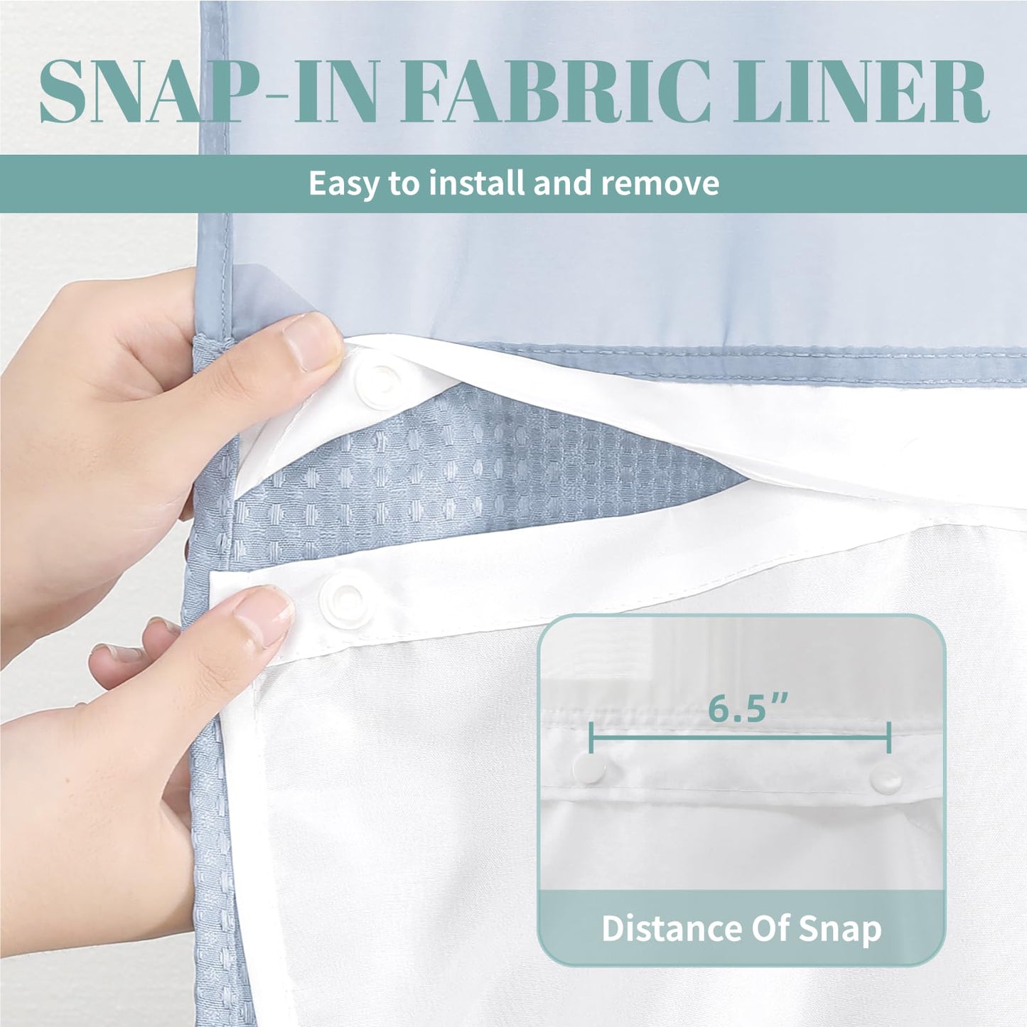 eachope FrostBlue Long No Hook Waffle Weave Shower Curtain with snap-in Liner Replacement, 230GSM Waterproof Fabric Hotel Shower Curtain Set for Bathroom, Through Mesh Top Window,71Wx80H