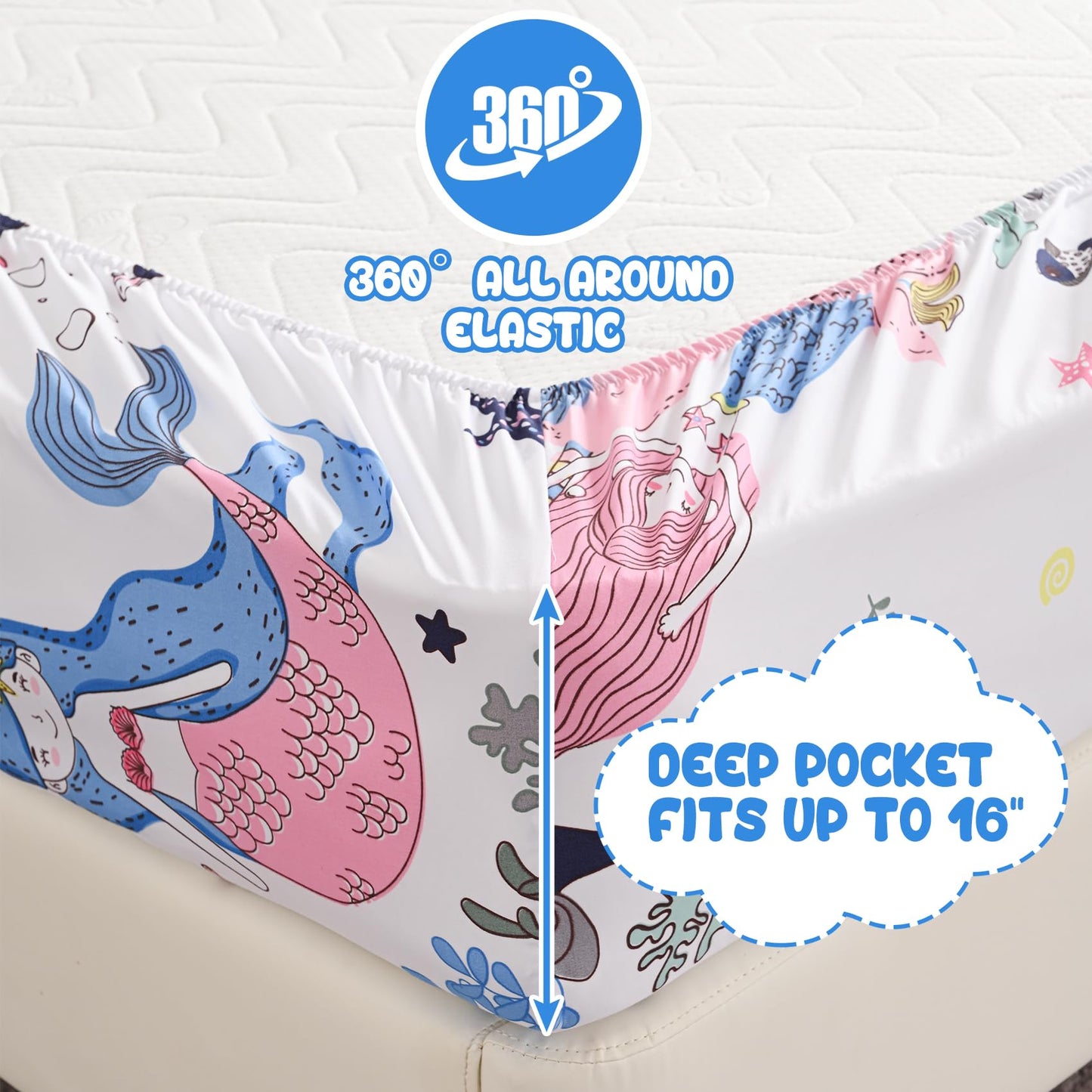 Yibeizi Mermaid Sheet Set for Girls Twin, Kids Cute Ocean Print Bedsheets Microfiber Deep Pocket Beach Patterned Bed Sheet & Pillowcase Sets 3 Pieces