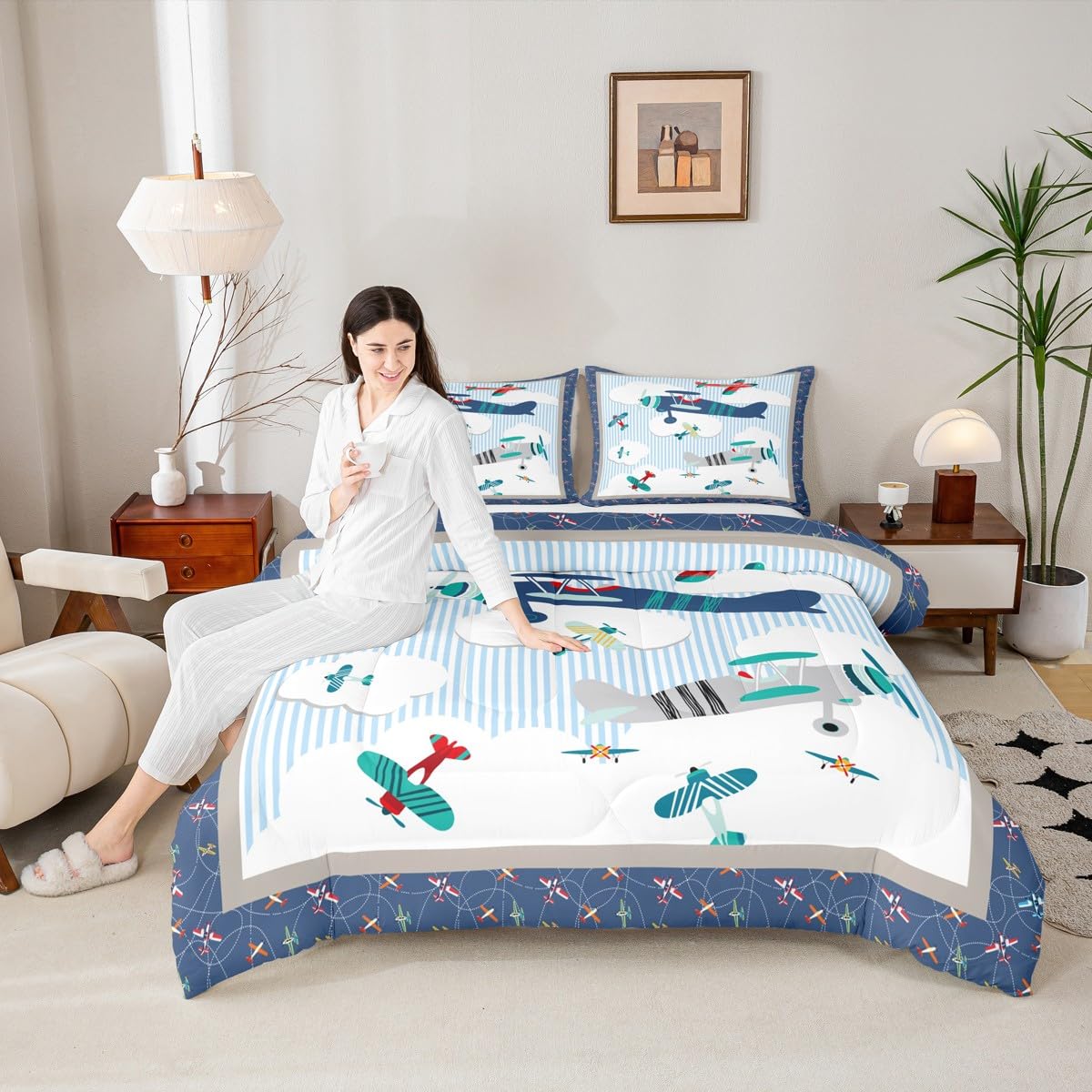 Castle Fairy Kids Airplane Full Size Comforter Set Blue Sky and White Clouds Bedding Set for Kids Adults Teens Aviation Aircraft Comforter Luxury Modern Airplane Quilt Set Room Decor 3Pcs