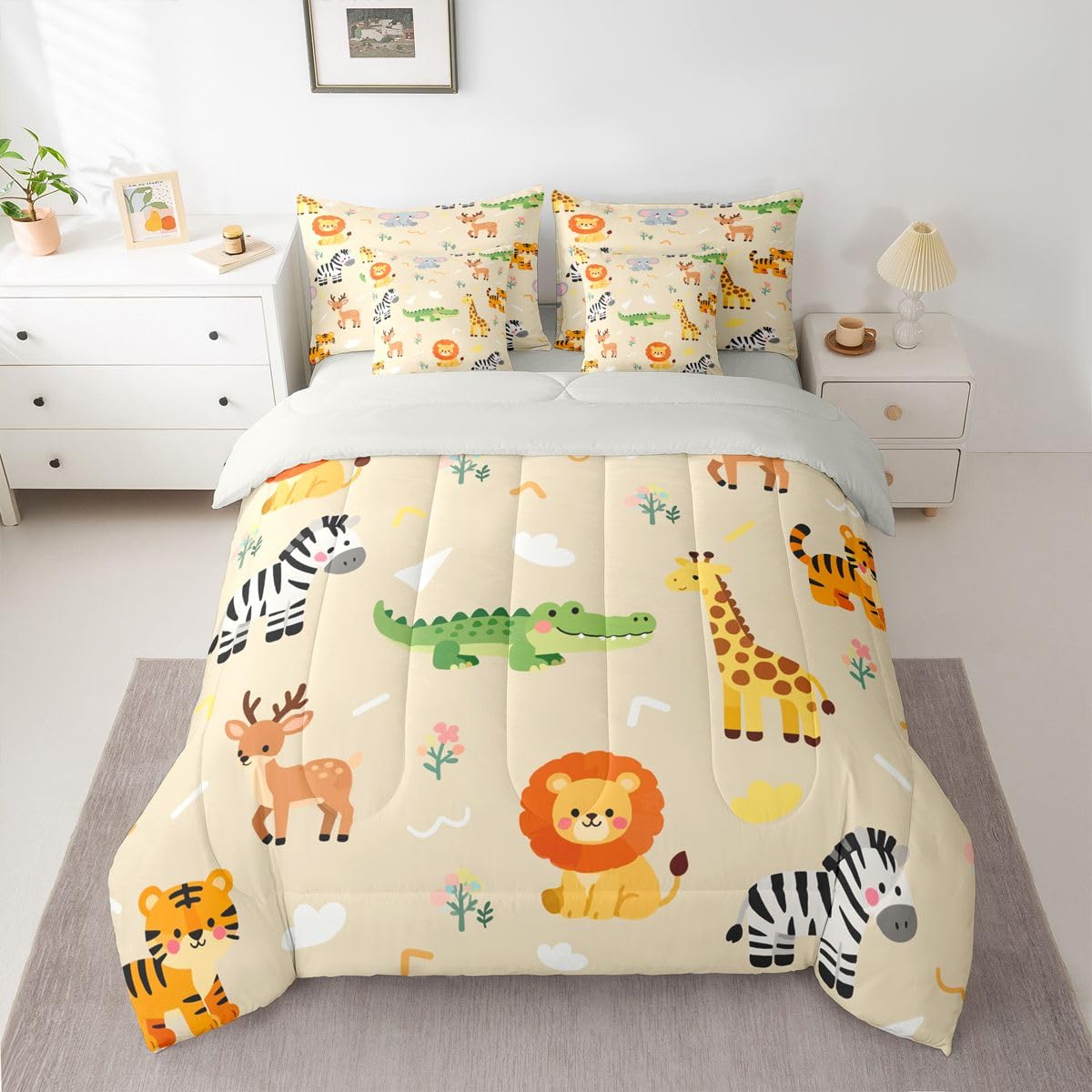 Erosebridal Kids Zoo Animal 7 Piece Comforter Set Twin for Nursery Bedroom | Cute Wild Animals Bedding Set Lion Elephant Crocodile Wildlife Sheets Safari Wild Print Quilt Natural Theme Bed Set