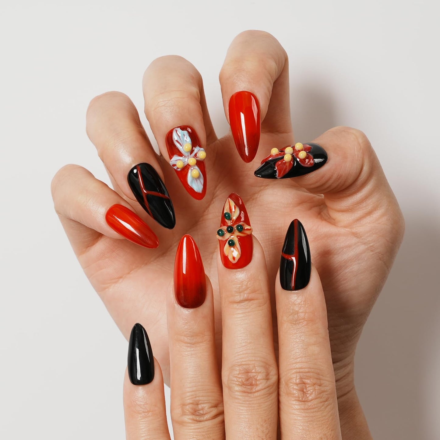 Tesytto Medium Almond Press On Nails, Red Black Gradient False Nails with 3D Embossed Colorful Flower, Reusable Glossy Y2K Fake Nails for Women & Girls (Crimson Flame,M)