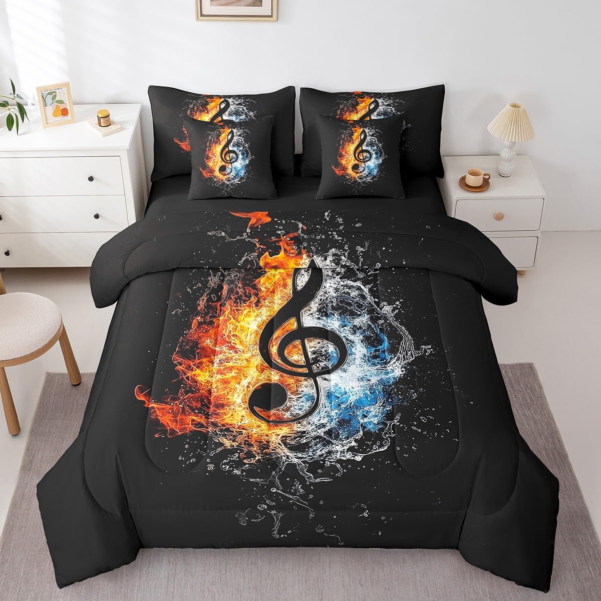 Feelyou Music Comforter Set with Sheets Queen Size Popstar Party Bed in a Bag for Boys Girls Teens Dark Black 7 Pieces Bedding Set Soft Lightweight Microfiber