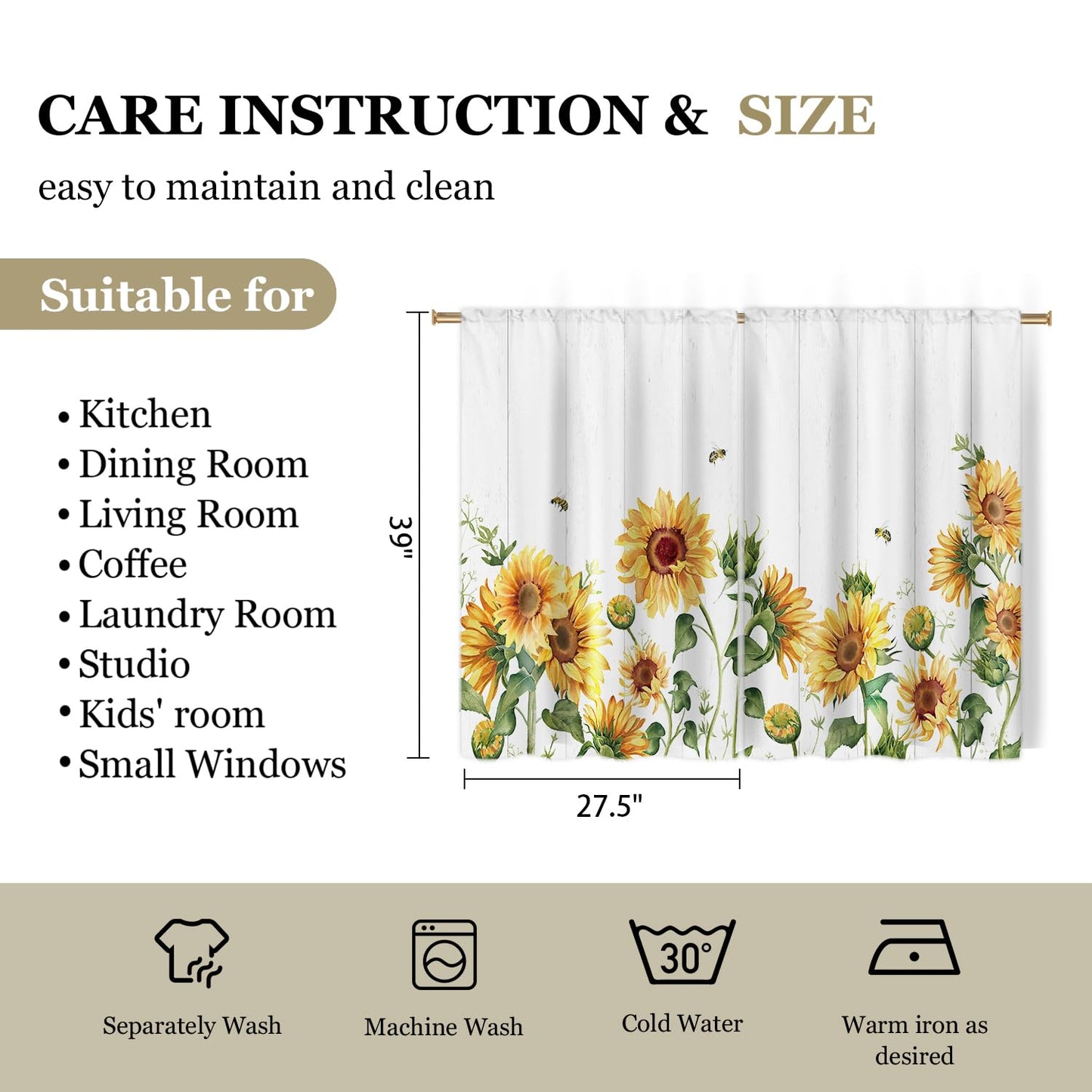Cizuug Sunflower Farmhouse Kitchen Curtains Yellow Floral Flower Country Rustic Small Short Cafe Window Curtains Country Plant Rod Pocket Bathroom Window Drapes Treatment Curtains 2 Panels