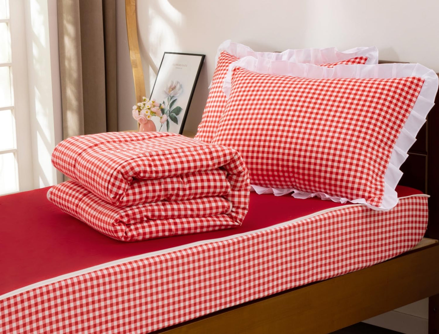 Meeting Story 3pcs Zipper Bedding Twin Kids Checked Plaid Red Comforter Set for Girls and Kids(Red,Twin)