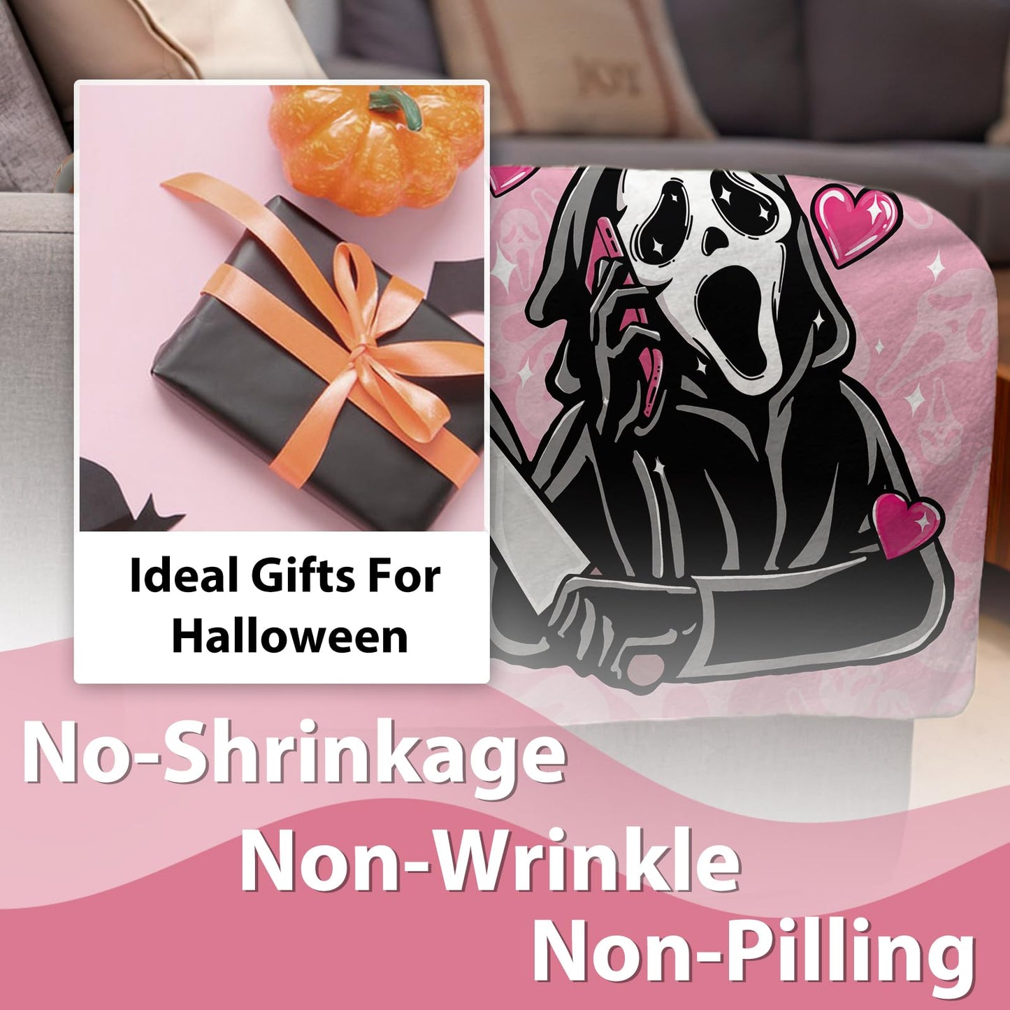 Paayna Grim Reaper Pink Horror Flannel Throw Blanket, No You Hang up First Funny for Kids Men Women, Romantic Love Heart Soft Blankets for Bedding Sofa 50 x 60 Inches