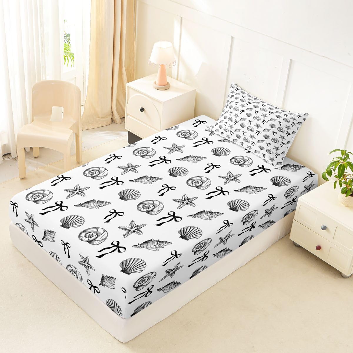 Manfei Shell Bow Tie Kids Twin Size Fitted Sheet,Conch Starfish Bowknot Marine Life Boys Girls Bed Sheets,Coquette Ocean Sea Dreamy Room Decor,Black Bedding Set,1 Pillowcase(No Flat)
