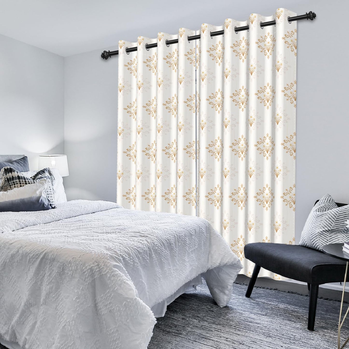 Xiazhilaio Cream and Gold Blackout Curtains 2 Panels Set - Geometric Floral Damask Printed Grommet Window Drapes for Bedroom Living Room, Thermal Insulated Room Darkening Curtains 84 Inches Long