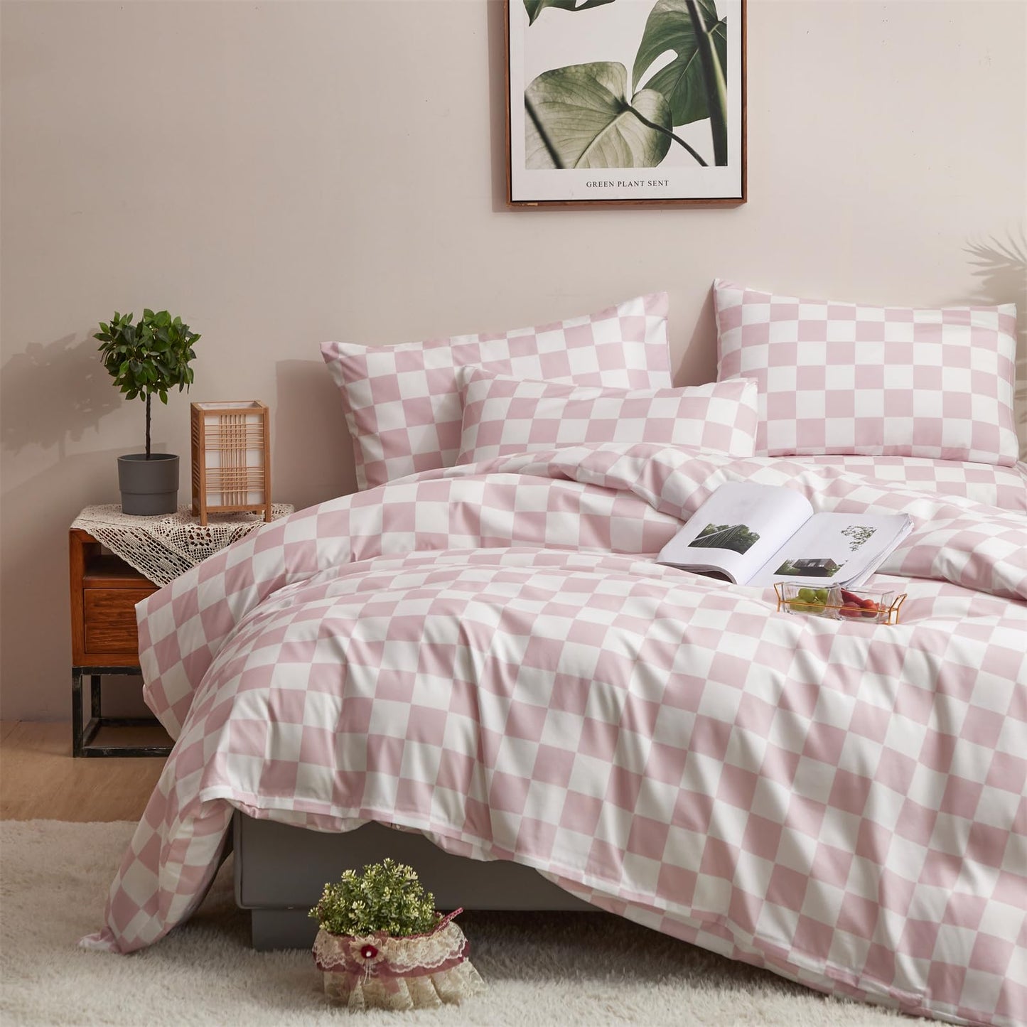 CLOTHKNOW Pink White Grid Queen Duvet Cover Set Plaid Bedding Sets Checkerboard Bedding Duvet Cover Sets Soft Pink Duvet Cover with 2 x Pillow Cases