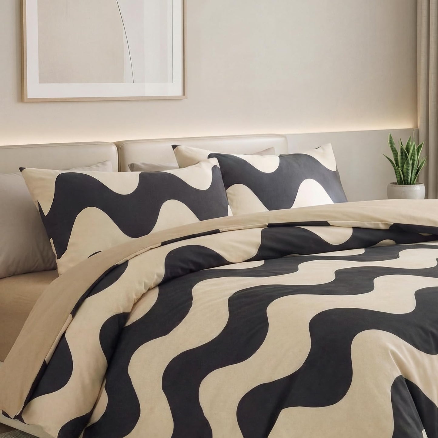 Cozaline 100% Cotton Duvet Cover Queen Size,Cream White Black Geometric Striped Pattern Bedding Set with Zipper Closure, 3 Pcs Breathable and Soft Minimalist Modern Duvet Cover
