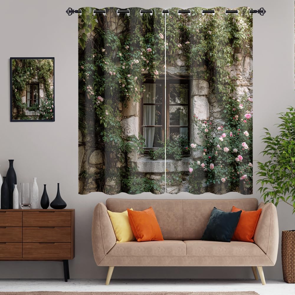XSUPFLYM Modern Watercolor Stone House Privacy Blackout for Living Room Curtains Retro Oil Painting Spring Garden Plant Ivy Floral Pattern Curtains Top Grommets Window Treatment 2 Panels 21"W x 45"L