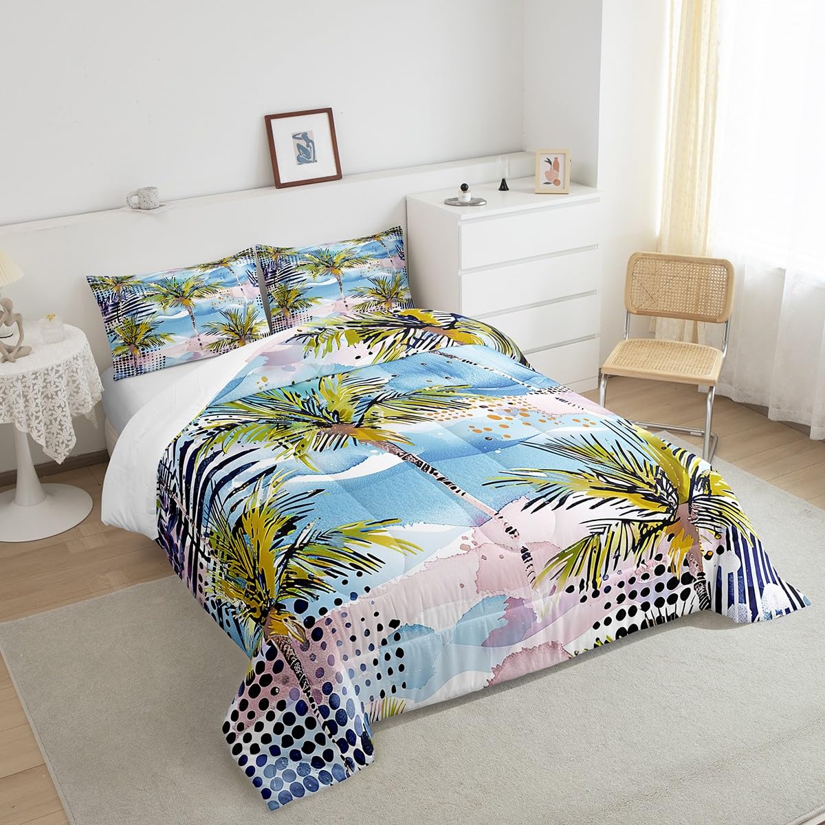 Manfei Sea Beach Comforter Set Twin Size Tropical Plant Theme Bedding Set 2pcs for Kids Boys Teens Room Decor, Palm Tree and Leaves Print Quilt Set Modern Fashion Duvet Set with 1 Pillowcase