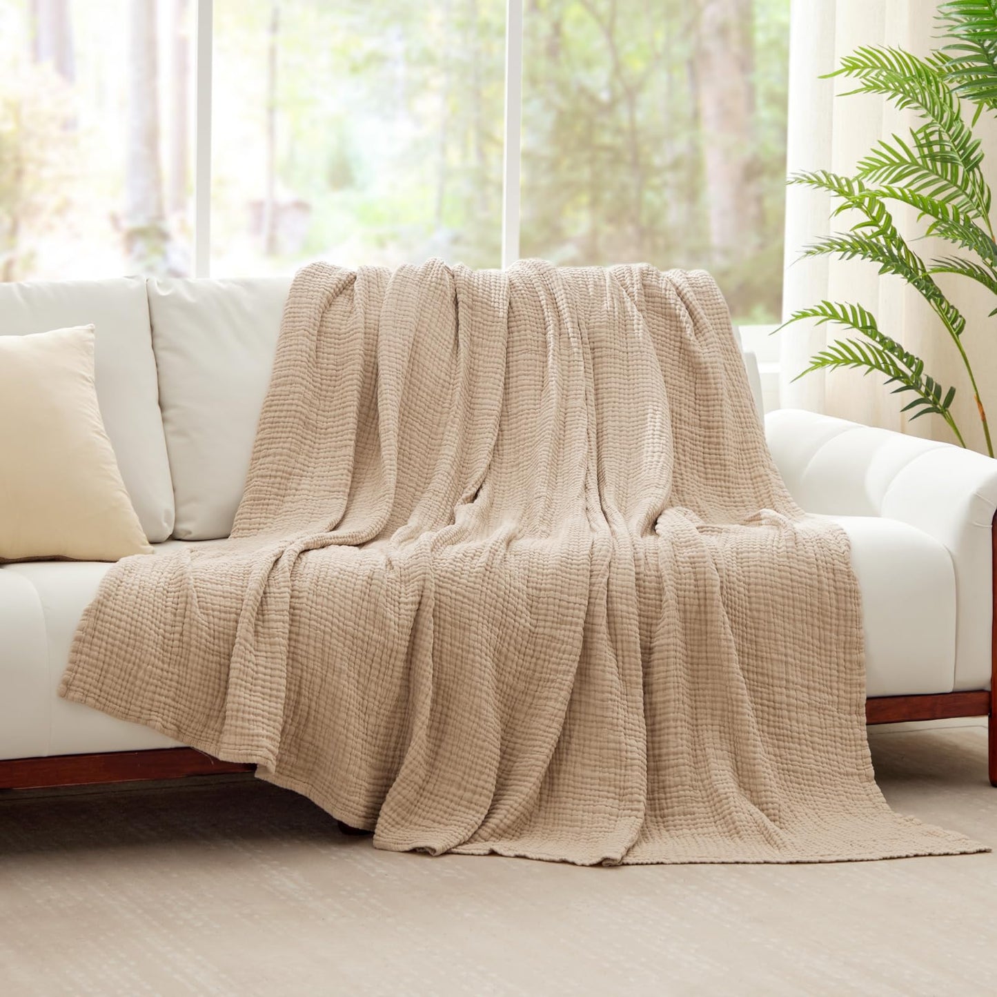 6 Layers Cotton Muslin Blankets Large, Lightweight Cotton Throw, Cooling Soft Throw Blanket for Year-Round Comfort, Breathable Quilt Bedspread, Gauze Weave Bedding for Adults, Oatmeal, Beige Linen