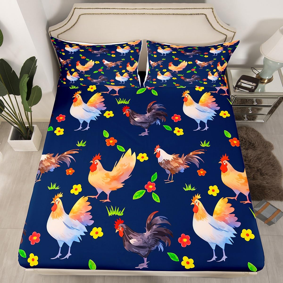 Erosebridal Rooster Sheet Set for Kids Boys Girls Child,Colorful Chicken Bed Sheets Full Size,Cartoon Botanical Flowers Bedding Set,Farmhouse Animal Fitted Sheet + Top Sheet + 2 Pillowcases