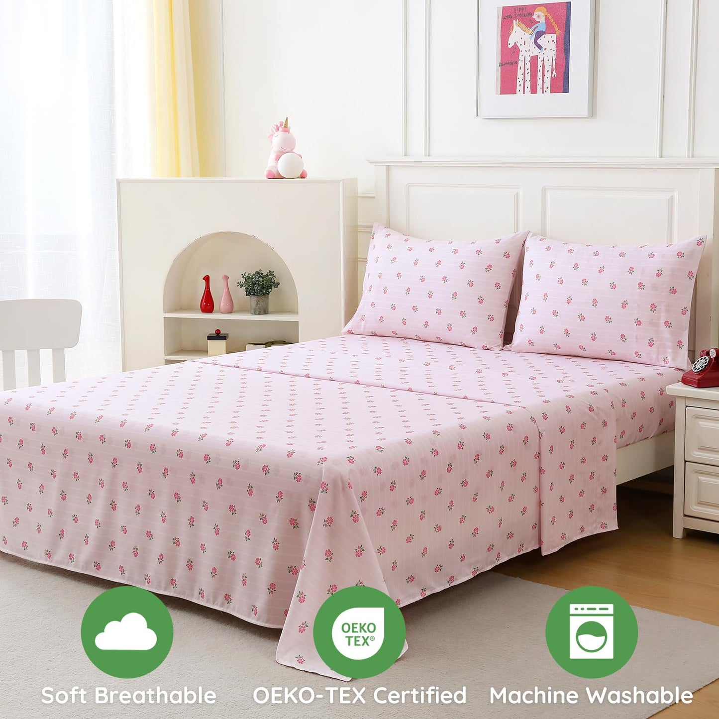 MCO Kids 3 Pieces Striped Twin Sheet Set for Girls, Breathable Bed Sheets with 16" Deep Pocket, Soft Brushed Microfiber Bedding Set (Twin, Pink Flower)