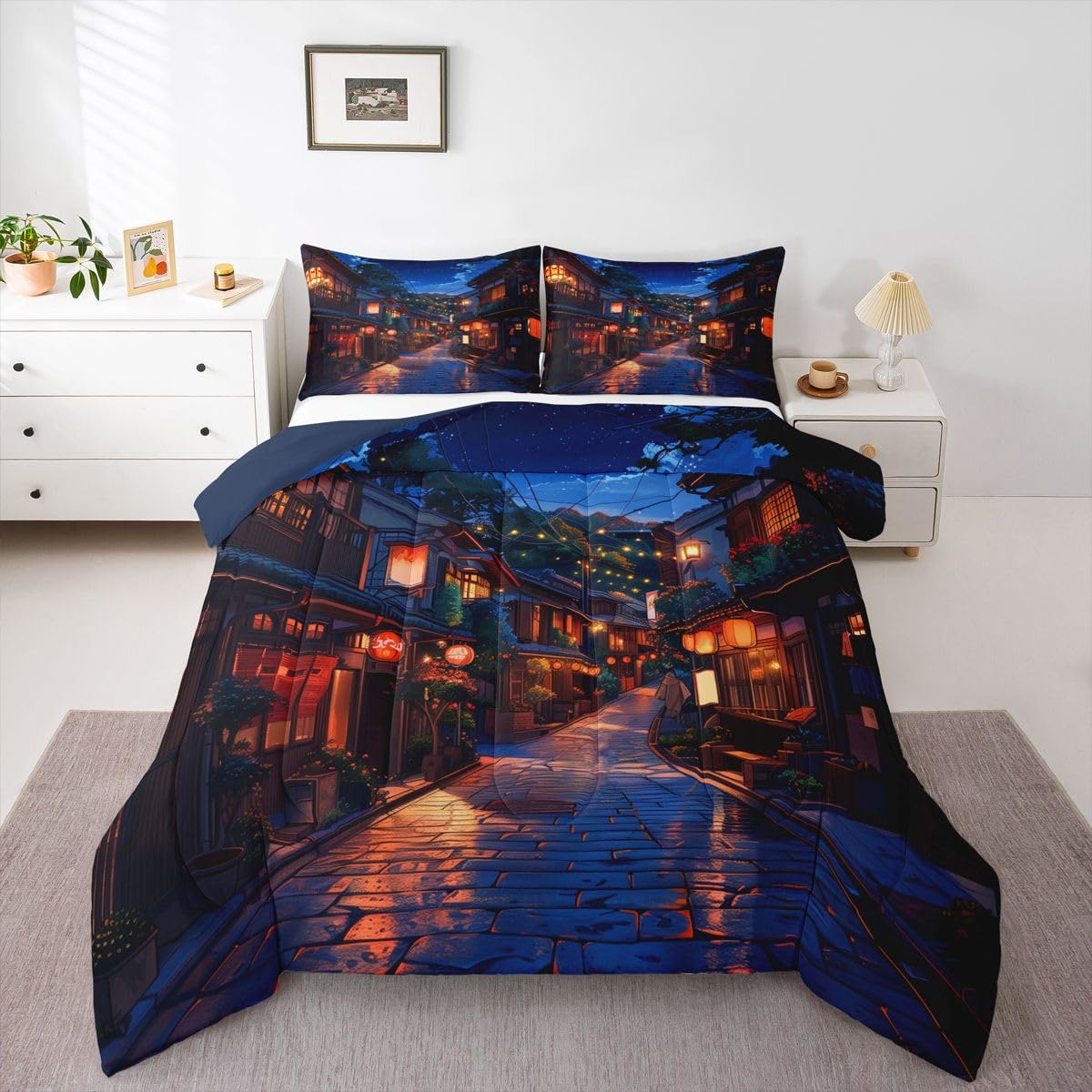 jejeloiu Japanese Comforter Set All Season Anime Street Bedding Set with 1 Pillow Cases Tokyo Modern Microfiber Kids Toddler Bedclothes Bedroom Decor Duvet Quilt Breathable Soft Lightweight