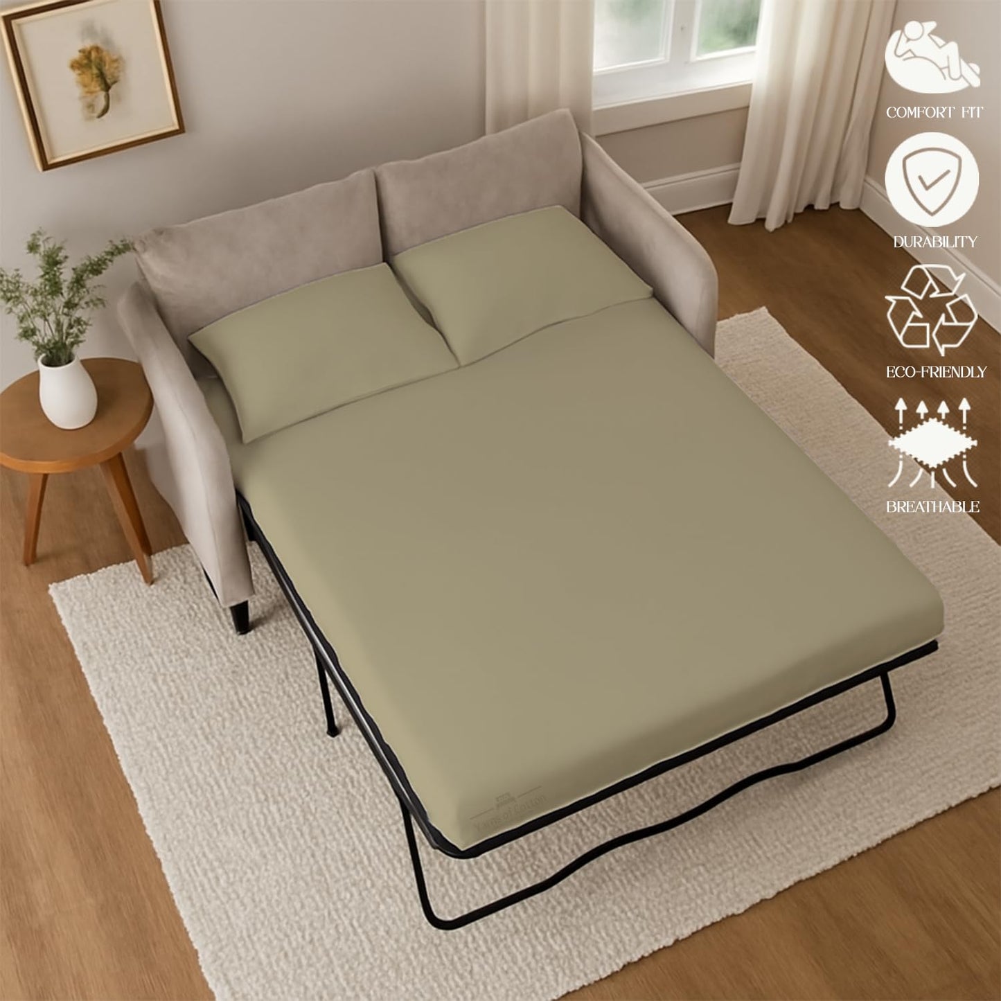 Sleeper Sofa Bed Sheet, 100% Cotton 400 Thread Count, 4 Piece Set, Deep Pocket Fitted Sheet, Soft Wrinkle Free & Breathable, Luxury Hotel Quality, Fits Up to 6 Inch Mattress (Full, Beige)