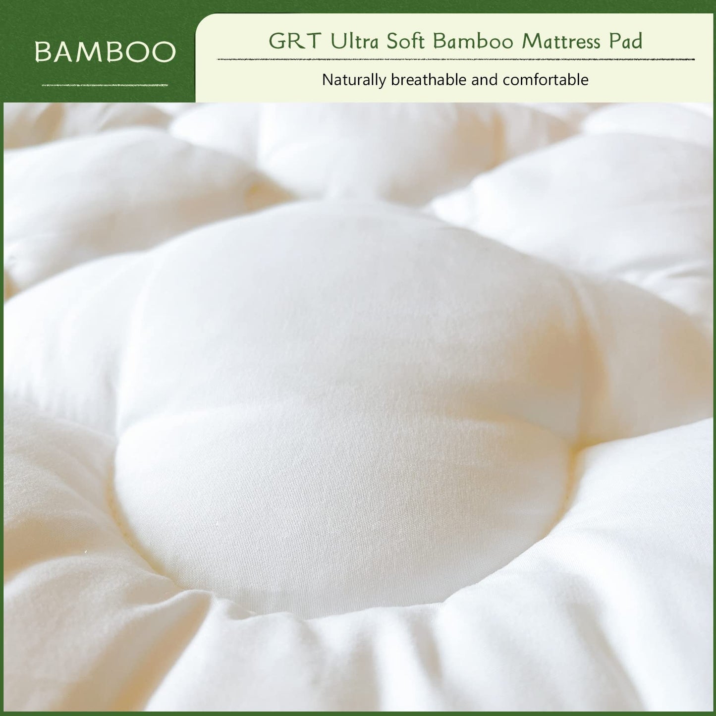 GRT Queen Size Mattress Pad Rayon from Bamboo, Extra Thick Quilted Fitted Mattress Topper with 21 Inches Deep Pocket, Cooling Mattress Pad, Breathable and Noiseless Mattress Cover