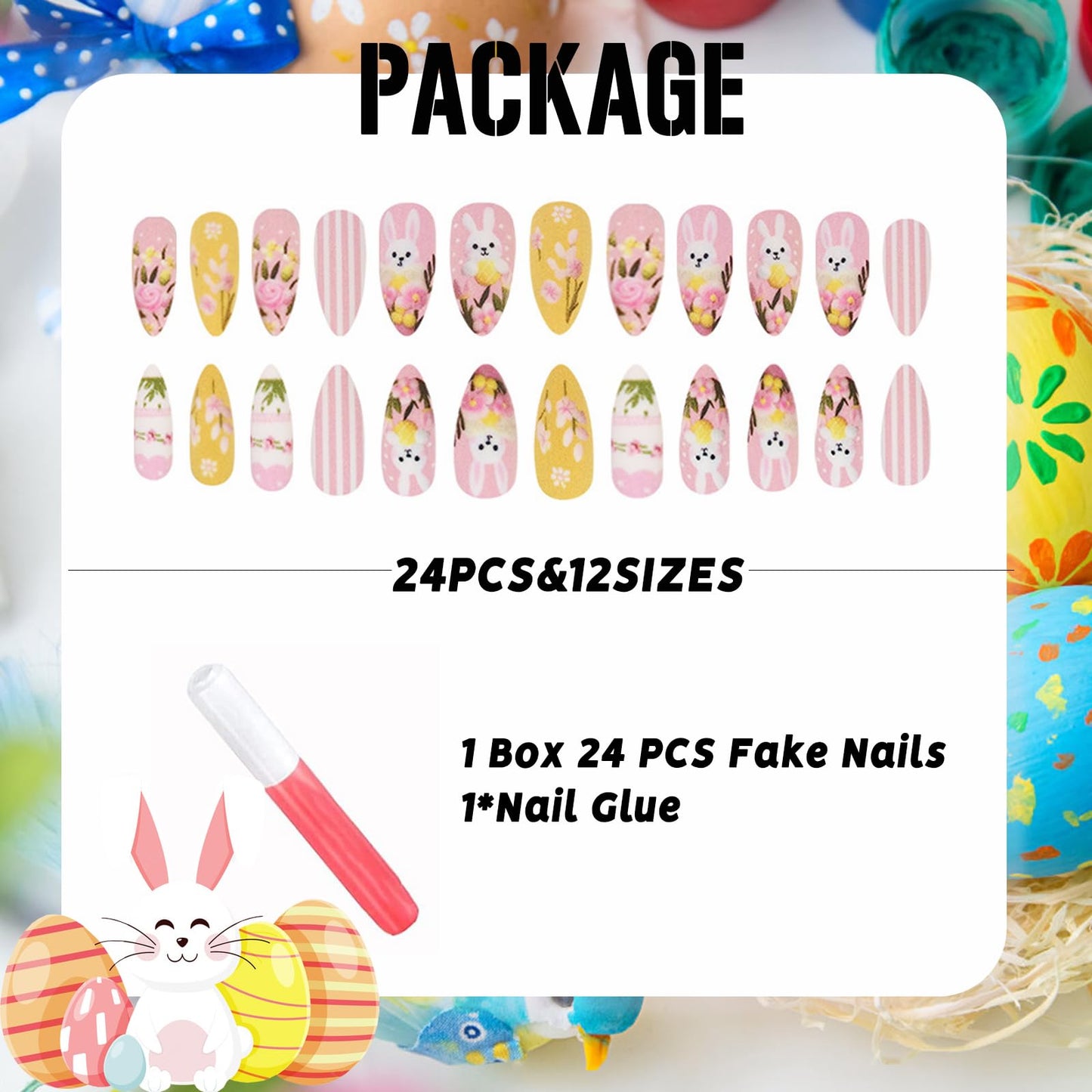 IMSOHOT Easter Press on Nails Medium Almond Fake Nails with Pink Flower & Cute Rabbit Design Pink Yellow Matte Full Cover False Nails Glue on Nails for Women Girls 24Pcs