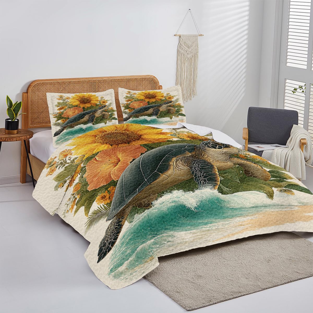 SATIGI Custom Sea Turtle Quilt Set – Coastal Ocean Quilt Blanket, Soft Lightweight Sea Turtle Bedspread for Kids, Teens, and Adults – Soft Quilts for All Season (Turtle Quilt-DS03)