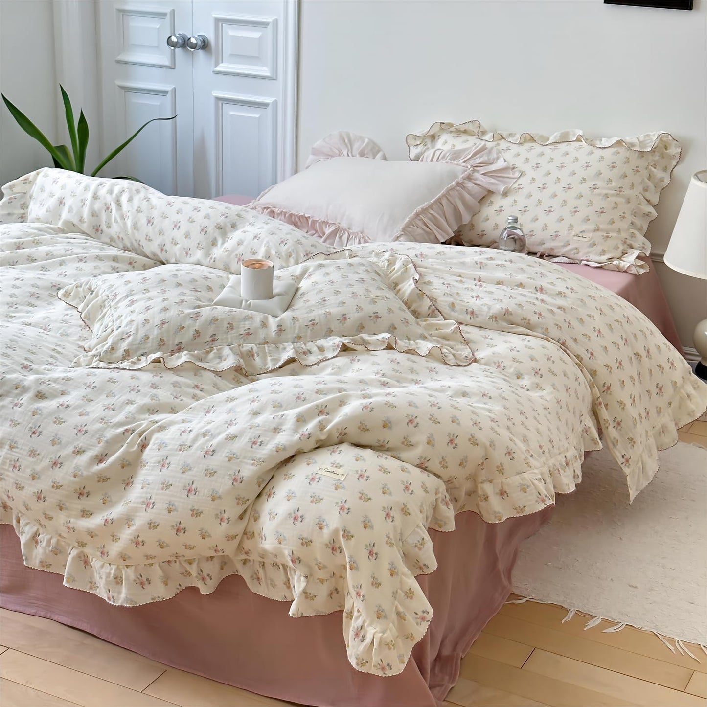 BuLuTu Muslin Cotton Duvet Cover Set Queen, Ruffled Bedding Quilt Cover Shabby Chic Azalea Floral Comforter Cover, Soft Lightweight Bed Set for Kids Teens Young Adults, Machine Wash