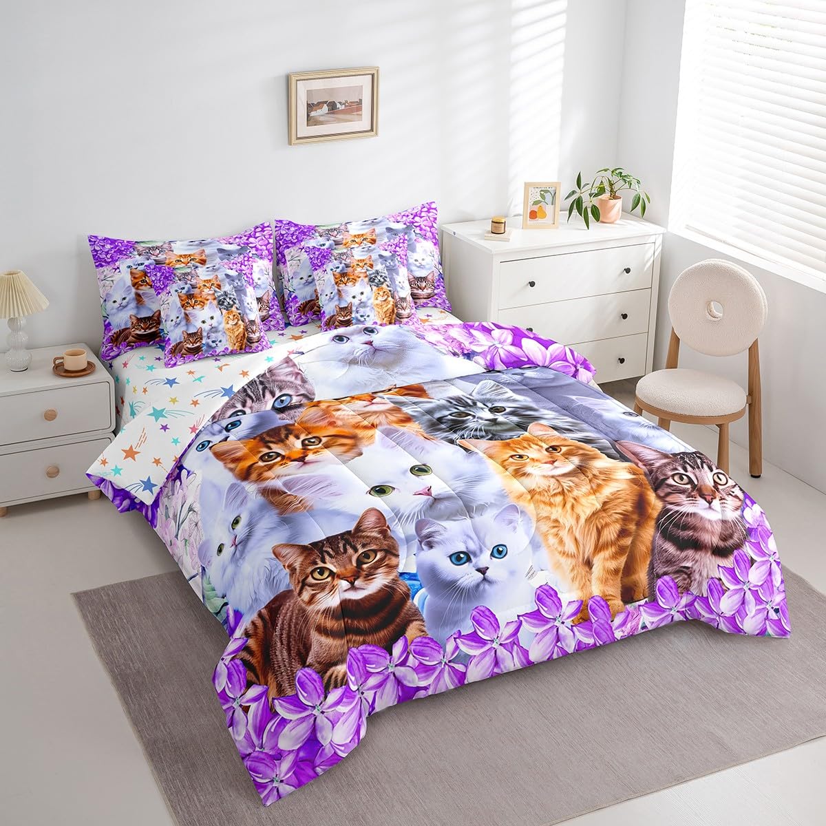 Feelyou Floral Cat 7 Piece Bedding Set with Sheets Twin Size Purple Cat Comforter Set with Sheets for Kids Teens Girls Bed Set Kawaii Animals Cute Decor Bedroom Soft and Lightweight(Reversible Stars)